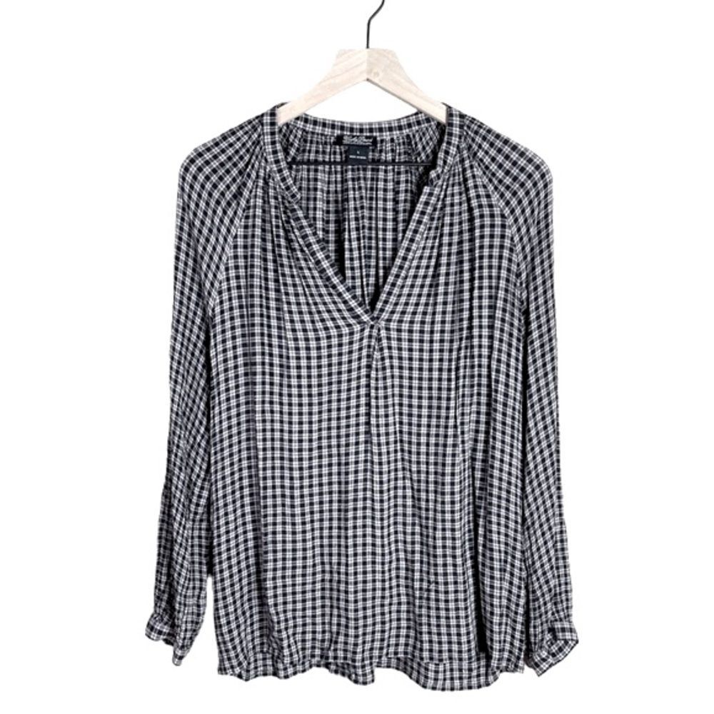 Lucky Brand Black and Tan Plaid Long Sleeve Shirt V Neck Size Large